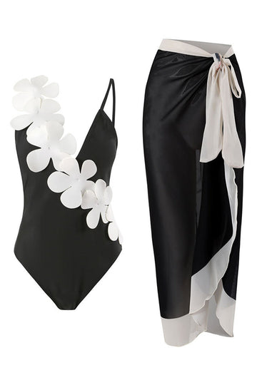 Noir Blanc Une pièce Col V Maillot de Bain de Plage avec Fleurs 3D